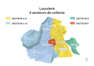 Carte des secteurs de collectes des ordures ménagères en porte à porte à Louviers (Eure) en 2025